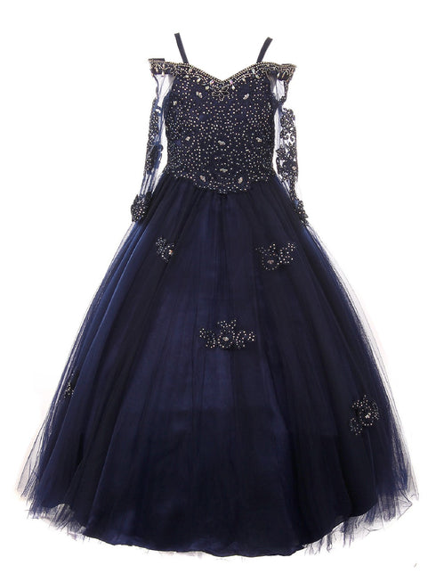 Little Girls Navy Off Shoulder Long Sleeve Rhinestone  Pageant Dress 2-6 - SophiasStyle.com
